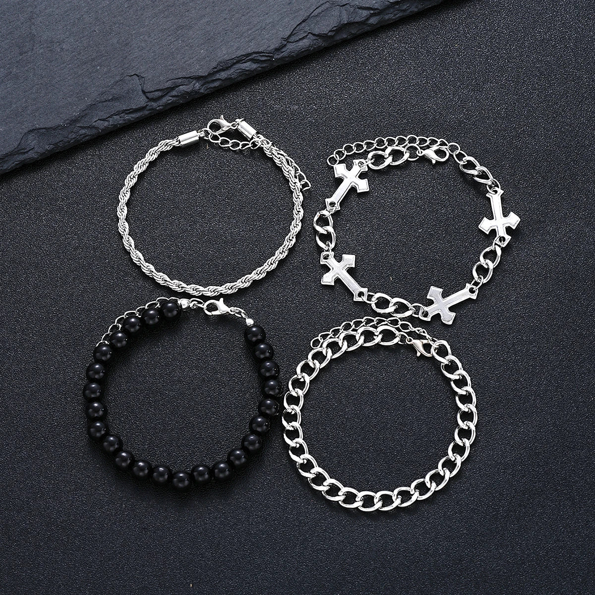4 Pcs Stainless Steel Bracelet Set For Men Women Punk Fashion Cross Beads Chain Bracelets Simple Hip Hop Unisex Jewelry Gift New Vera Lux