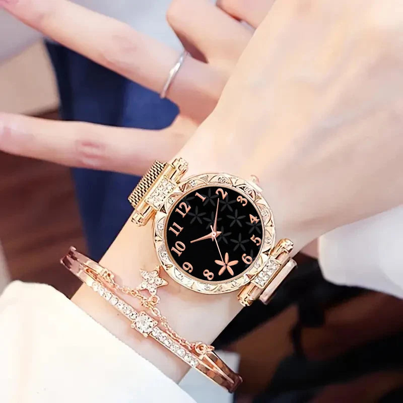 2PCS Fashion Women's Watches Set Magnet Buckle Mesh Strap Analog Quartz Watch Star Bracelet Set Reloj Mujer Vera Lux