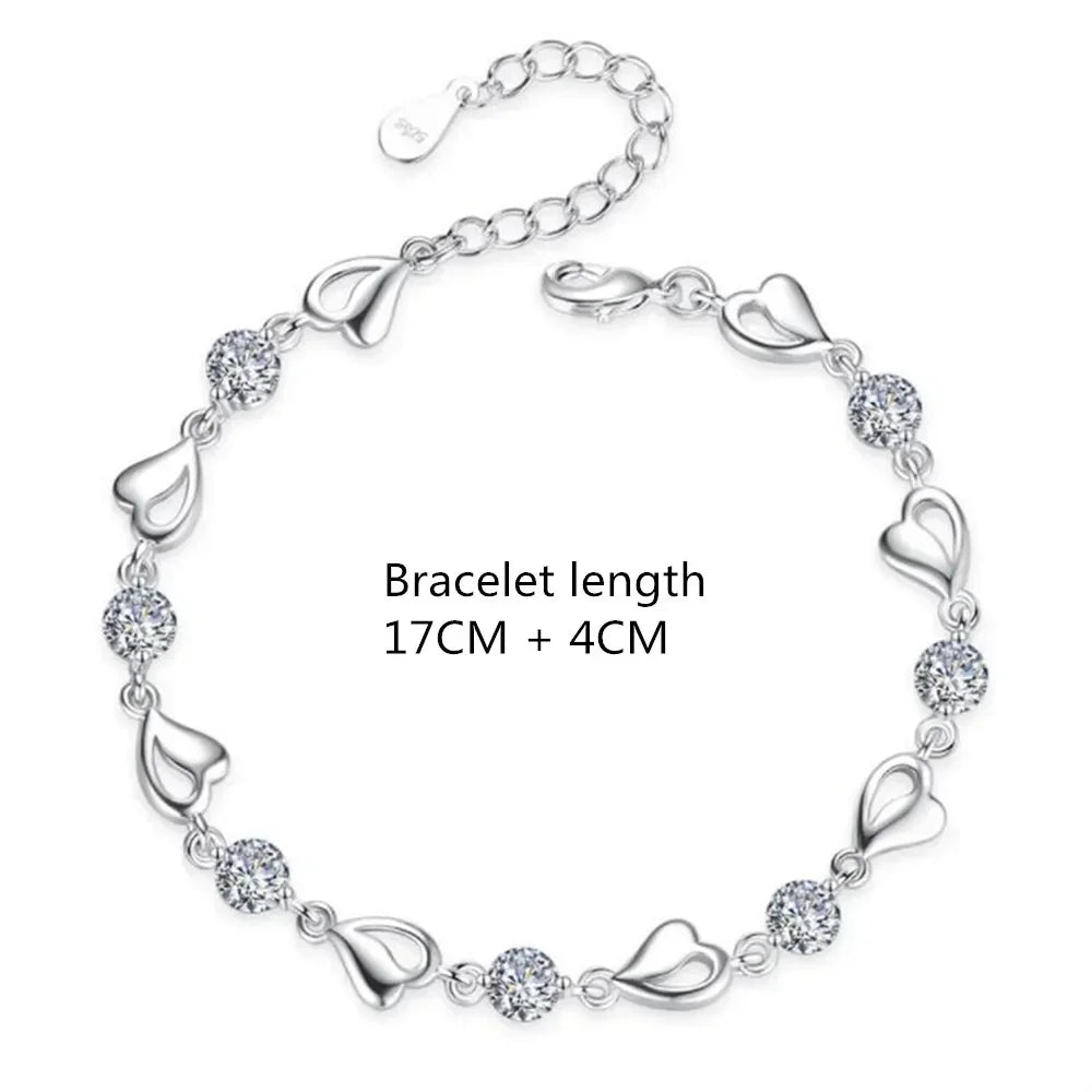 925 Sterling Silver Heart Shaped Necklace Bracelet Set for Women Vintage Korean Crystal Bracelets High Quality Set Party Jewelry Vera Lux