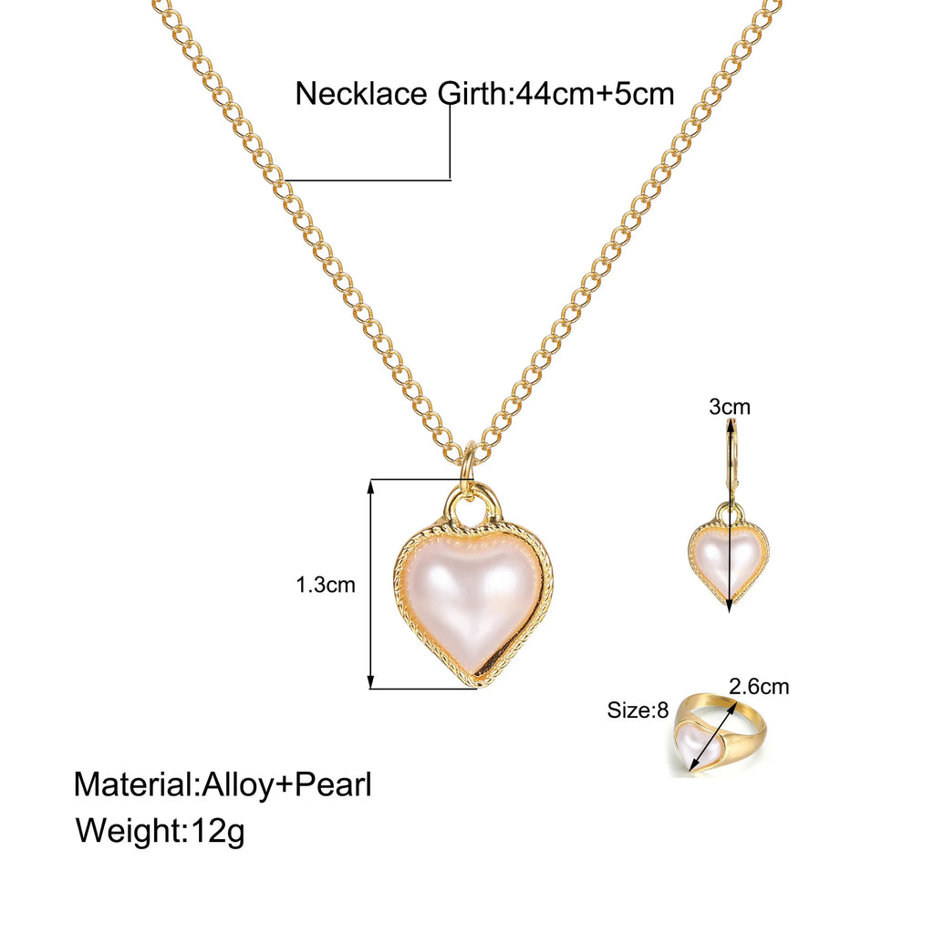 Fashion 3-piece Set Pearl Jewelry Set for Women Korean Heart Ring Pendant Necklace Hoop Earrings Set Trendy Elegant Wedding Gift Vera Lux