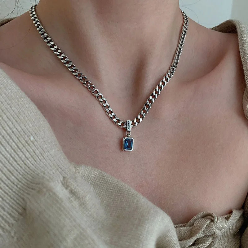 925 Sterling Silver Vintage Cuba Neck Chain Square Zircon Pendants Female Necklaces Women Jewelry Charms Accessories Argent 925 Vera Lux