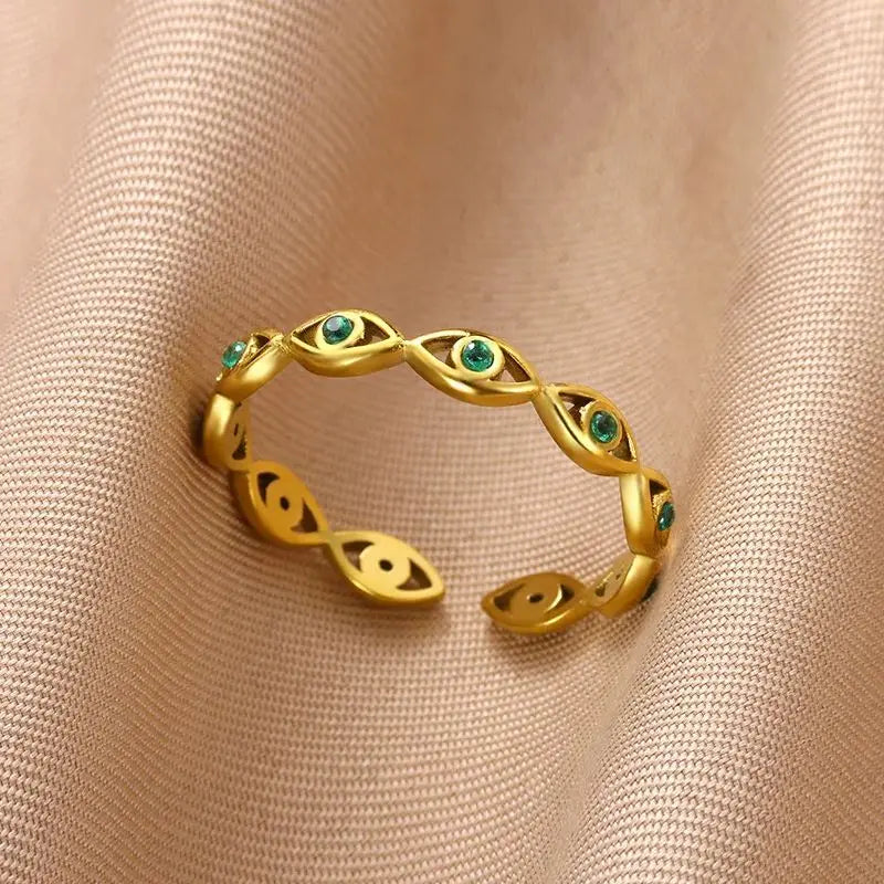 Green Zircon Evil Eye Rings For Women Stainless Steel Gold Color Geometric Open Ring New Wedding Waterproof Fashion Jewelry Gift Vera Lux