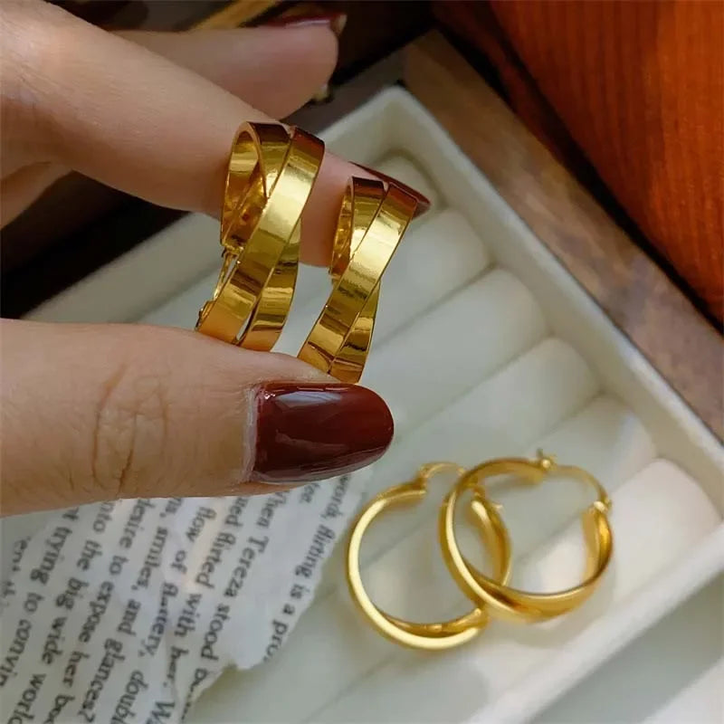 Gold Color Twisted Metal Hoop Earrings Punk Silver Color Geometric Circular Hoop Earrings Simple Design Y2K Fashion Jewelry Vera Lux