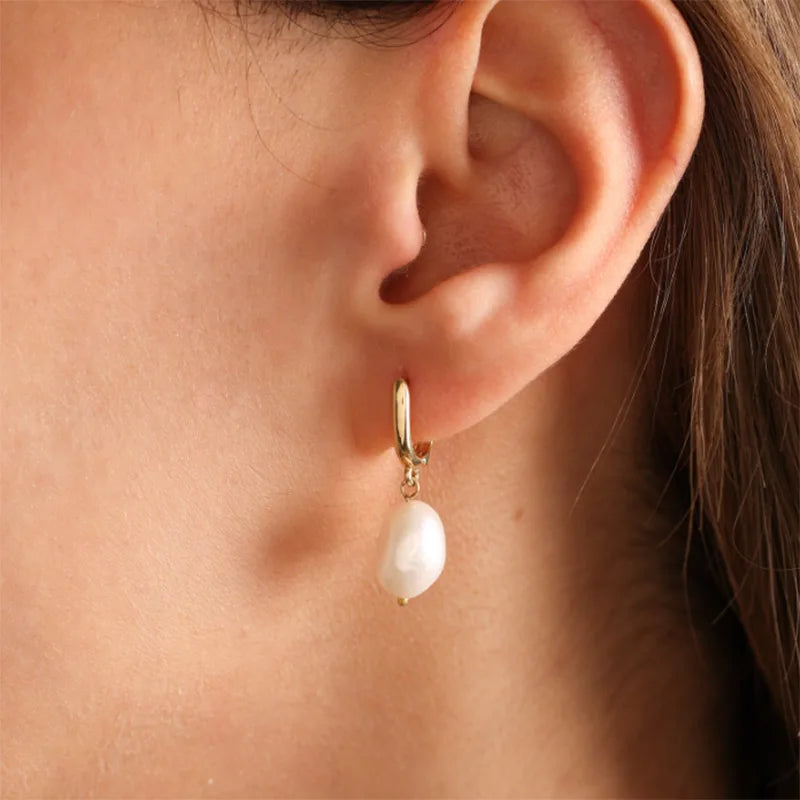 Zircon Natural Pearl Earrings For Women Gold Plated Stainless Steel Geometric Hoop Pearl Earring Wedding Bridesmaid Jewelry Gift Vera Lux