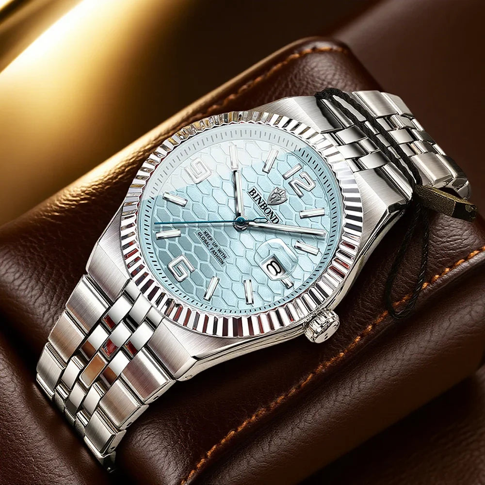BINBOND High Quality Original Men Clock Waterproof Luminous Date Luxury Man Watch Stainless Steel Quartz Men's Watches Male Vera Lux