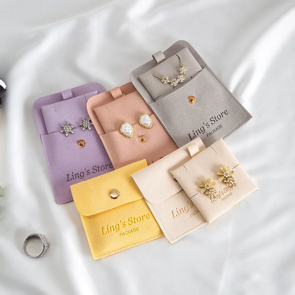 20/50/100Sets Personalized Logo Jewelry Microfiber Snap Bag 8x8cm Button Pouch Insert Luxury 6x6cm Cards Can Debossed Print Name Vera Lux