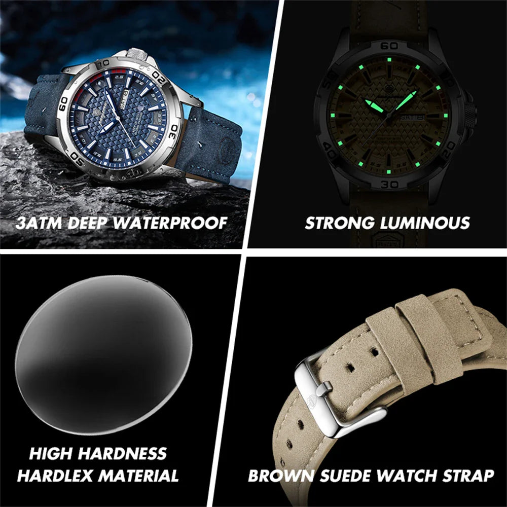 PAAZOMU Original Man Wristwatch Top Luxury Waterproof Luminous Date Week Watch For Men Quartz Sport Leather Men's Watches Reloj Vera Lux