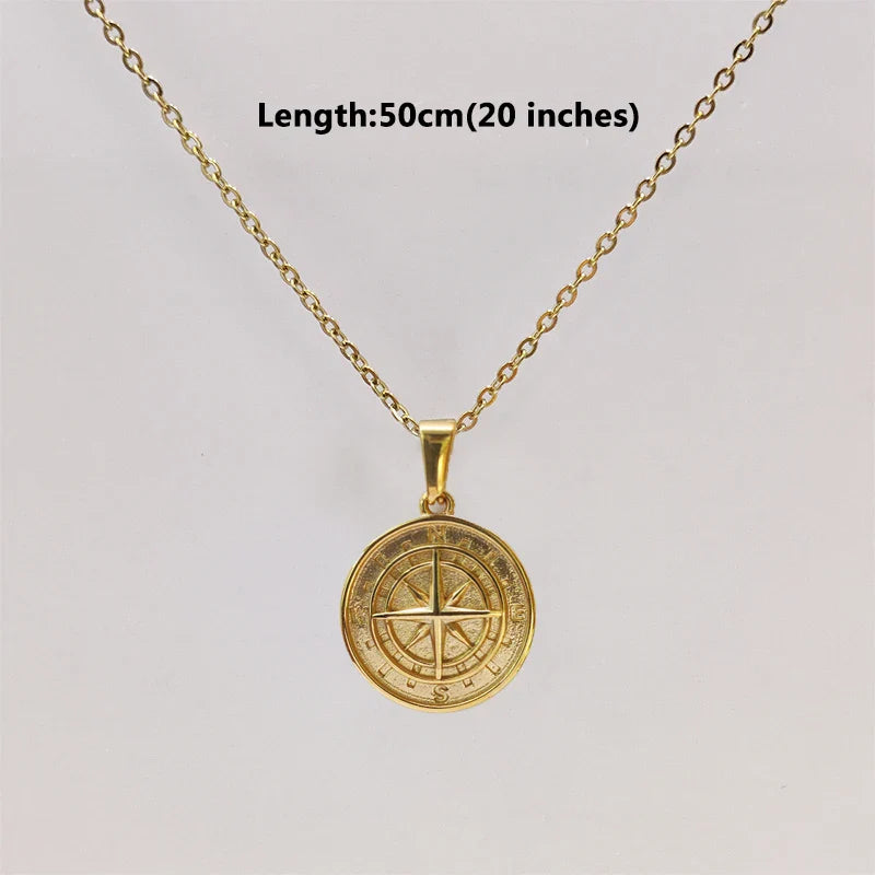 18K Gold Plated Stainless Steel Compass Pendant Necklace - Round Coin Design for Men & Women, Waterproof Unisex Jewelry Gift Vera Lux