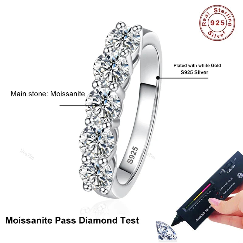 NeeTim Full 4mm Moissanite Ring for Women 5 Stones Diamond Wedding Band Bride S925 Sterling Silver with White Gold Plated Rings Vera Lux