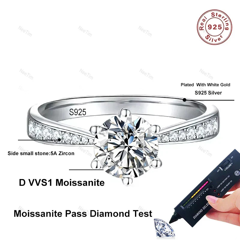 NeeTim Real 3 Carat Moissanite Wedding Ring for Women 925 Sterling Silver Round Brilliant Lab Diamond Engagement Rings Gift Vera Lux