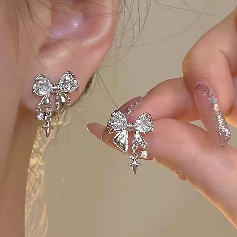 New Y2K Bowknot Zircon Stud Earrings for Women Fashion Korean Silver Color Pink Crystal Personality Earring Party Jewelry Gifts Vera Lux