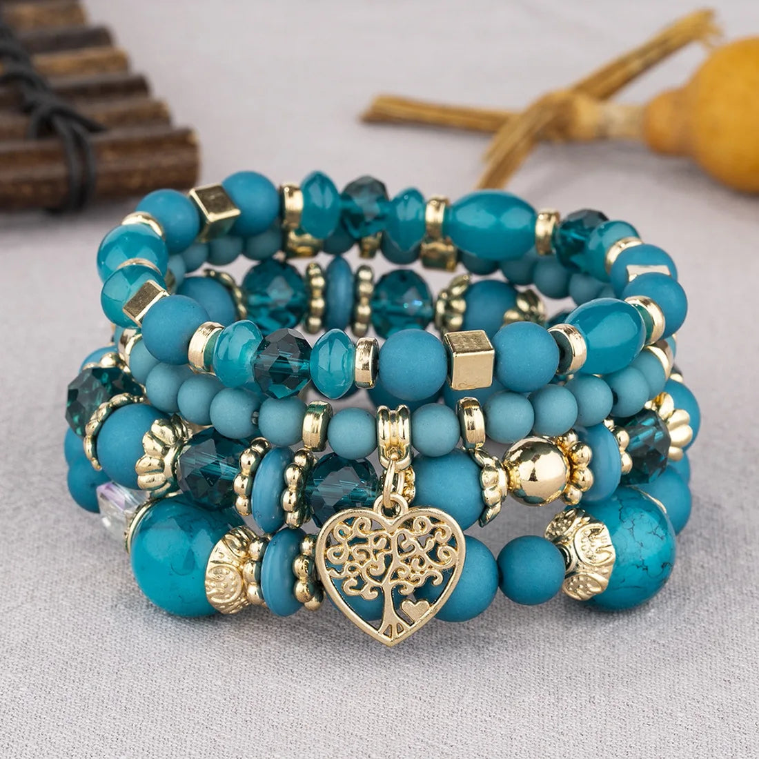 4Pcs Tree of Life Heart Bracelet Set For Women Acrylic Glass Beads Chain Elastic Bangle Female Fashion Party Jewelry Vera Lux