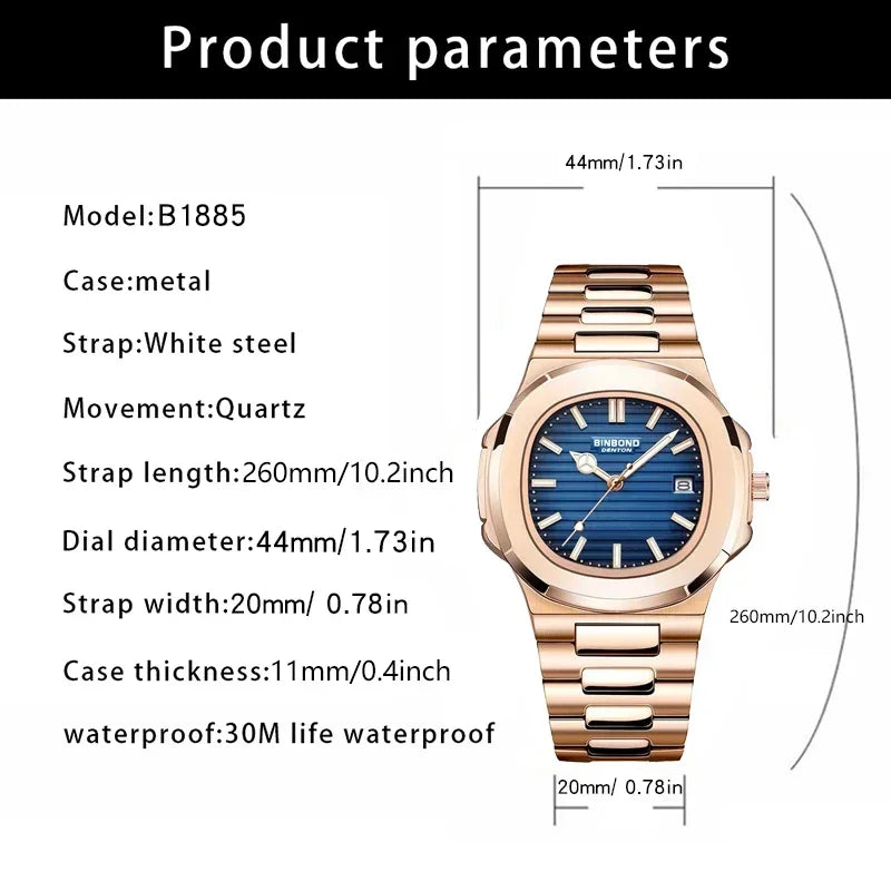 New Casual Business Fashion Quartz Wristwatches Rose Gold Clock Men Luxury Watch Automatic Watches Mens Black Relogio Masculino Vera Lux