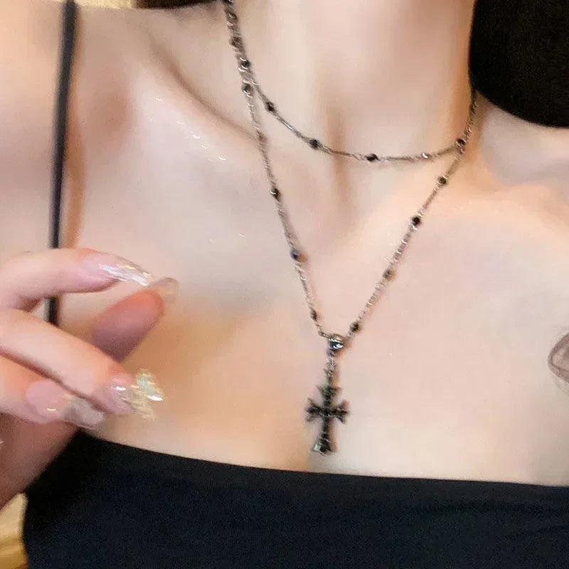Summer Black Rhinestone Cross Jesus Pendant Choker Necklace for Women Punk Vintage Double Layers Chain 2024 Neck Boho Jewelry Femstylo