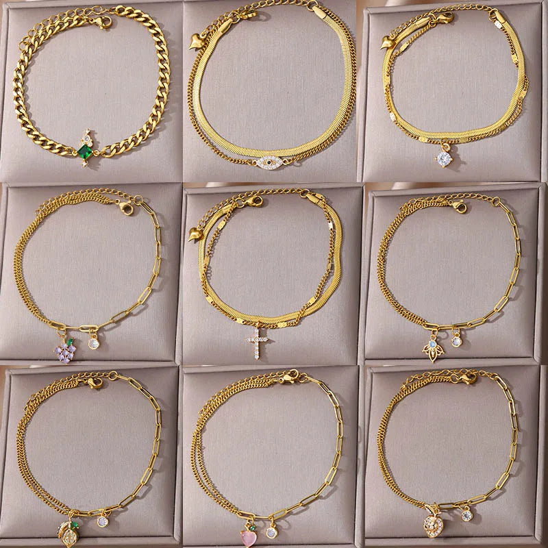 Zircon Cross Anklets For Women Gold Color Stainless Steel Cross Anklet Double Chain Summer Beach Party Jewelry Gift Accessories Vera Lux