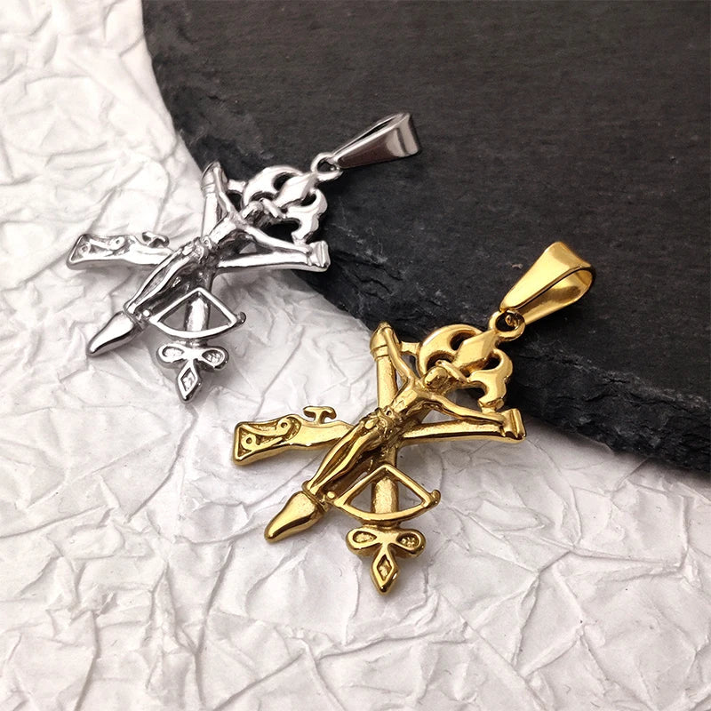 Men's Jesus Cross Necklace 18K Gold Plated Stainless Steel Christian Gun Arrow Pendant Religious Jewelry Gift Vera Lux