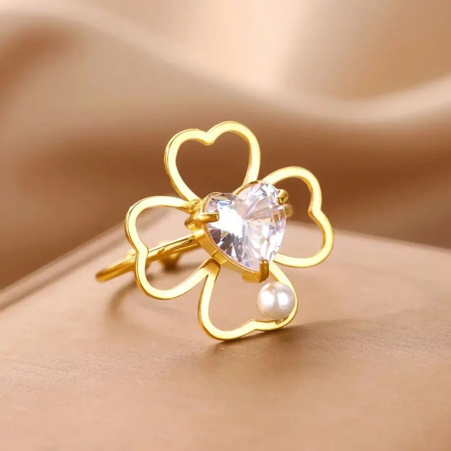Stainless Steel Four Leaf Clover Rings For Women Gold Color Zircon Opening Couple Ring Aesthetic Wedding Bohemian Jewelry Gift Vera Lux