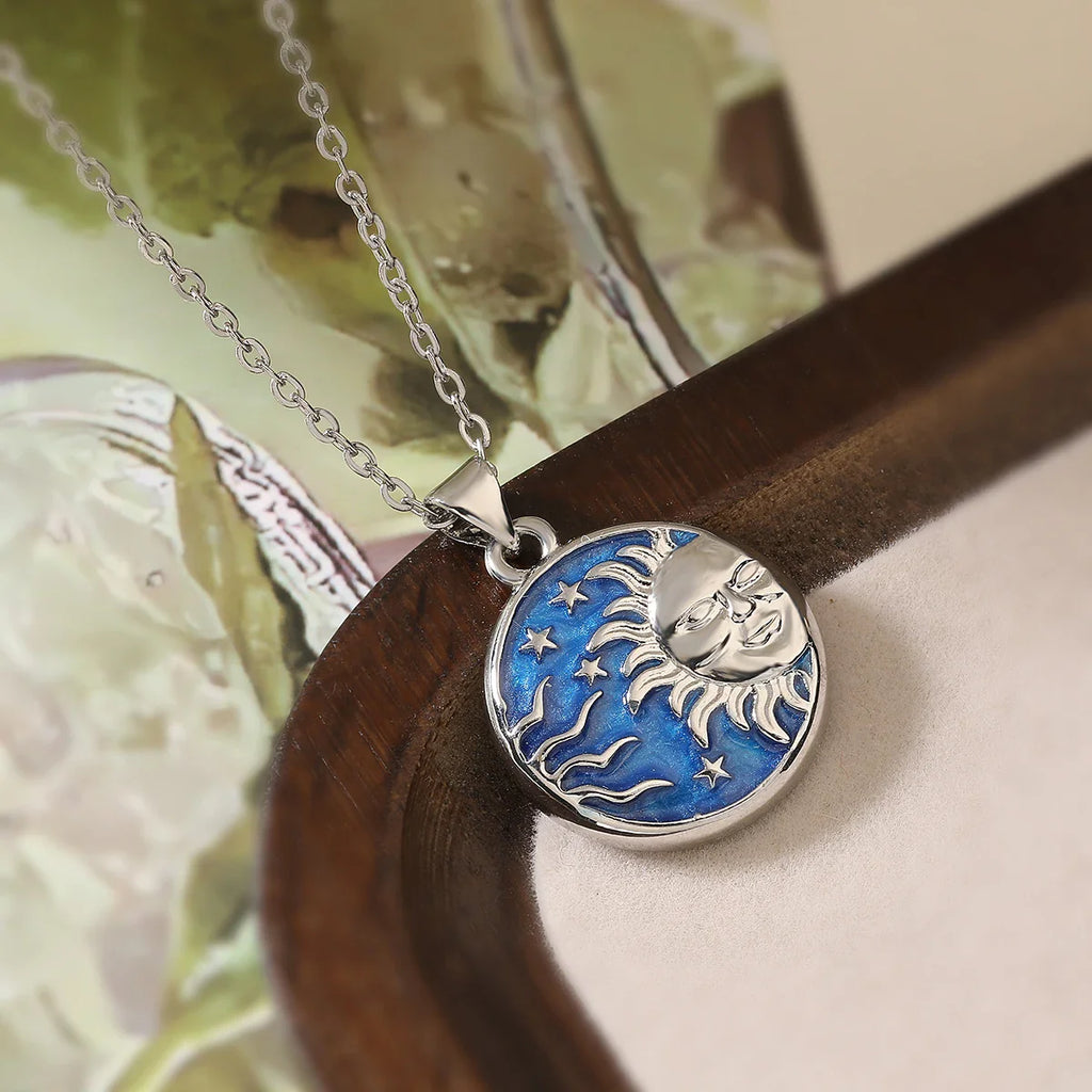 NEWBUY Delicate Blue Oil Dripping Star Moon Sun Round Pendant Necklaces For Elegant Women Bitrhday Gift Vera Lux