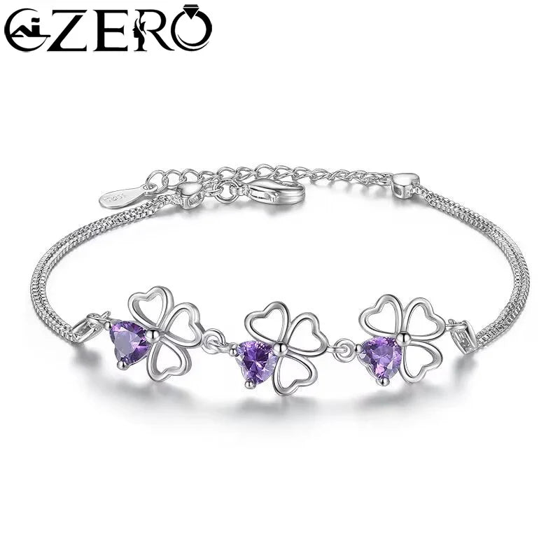 NEW Fine 925 Sterling Silver Purple Crystal Lucky Clover Bracelets for Women Fashion Party Wedding Accessories Jewelry 17CM+4CM Vera Lux