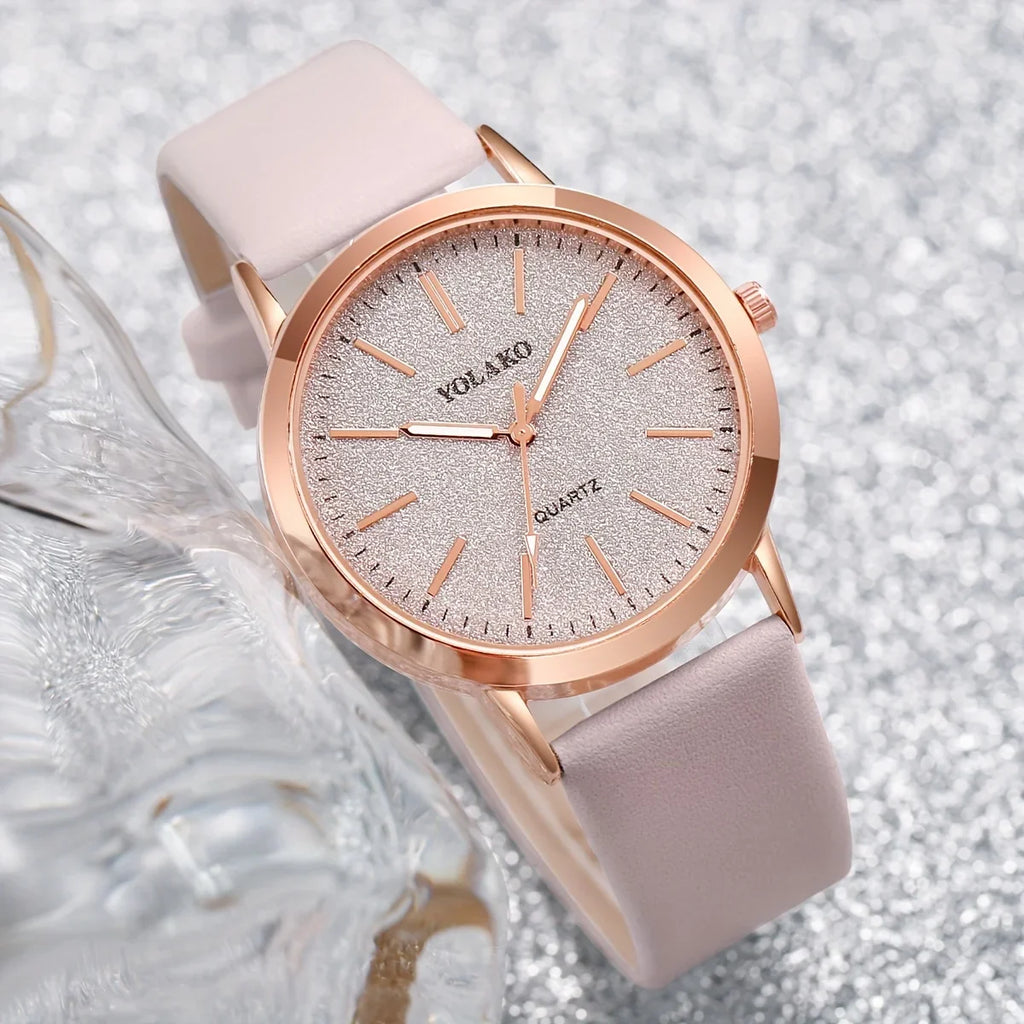 2PCS/Set Women's Watch Shiny Fashion PU Leather Analog Quartz Watches Rose Flower Bracelet Vera Lux