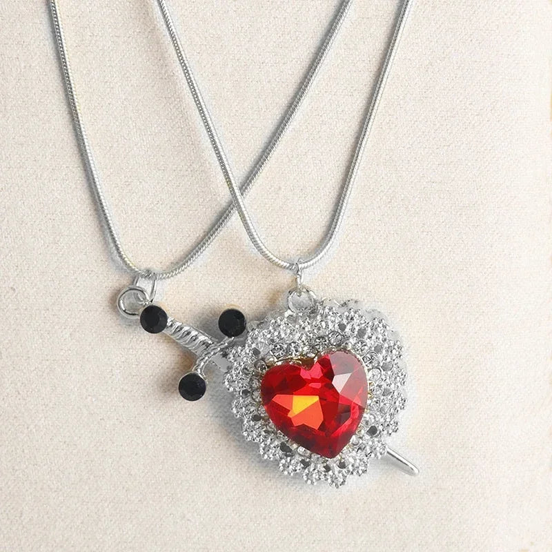 LATS 2pcs Can Be Assembled Heart and Sword Zircon Pendant Necklace for Women Men Couple Silver Gold Plated Choker Chain Jewelry Vera Lux