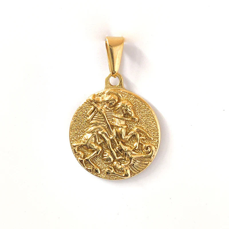 Waterproof Jewelry 18k Gold Plated Holy Saint George Pendant Stainless Steel Poseidon Owl Spartan Pendant Religious Medal Men Vera Lux