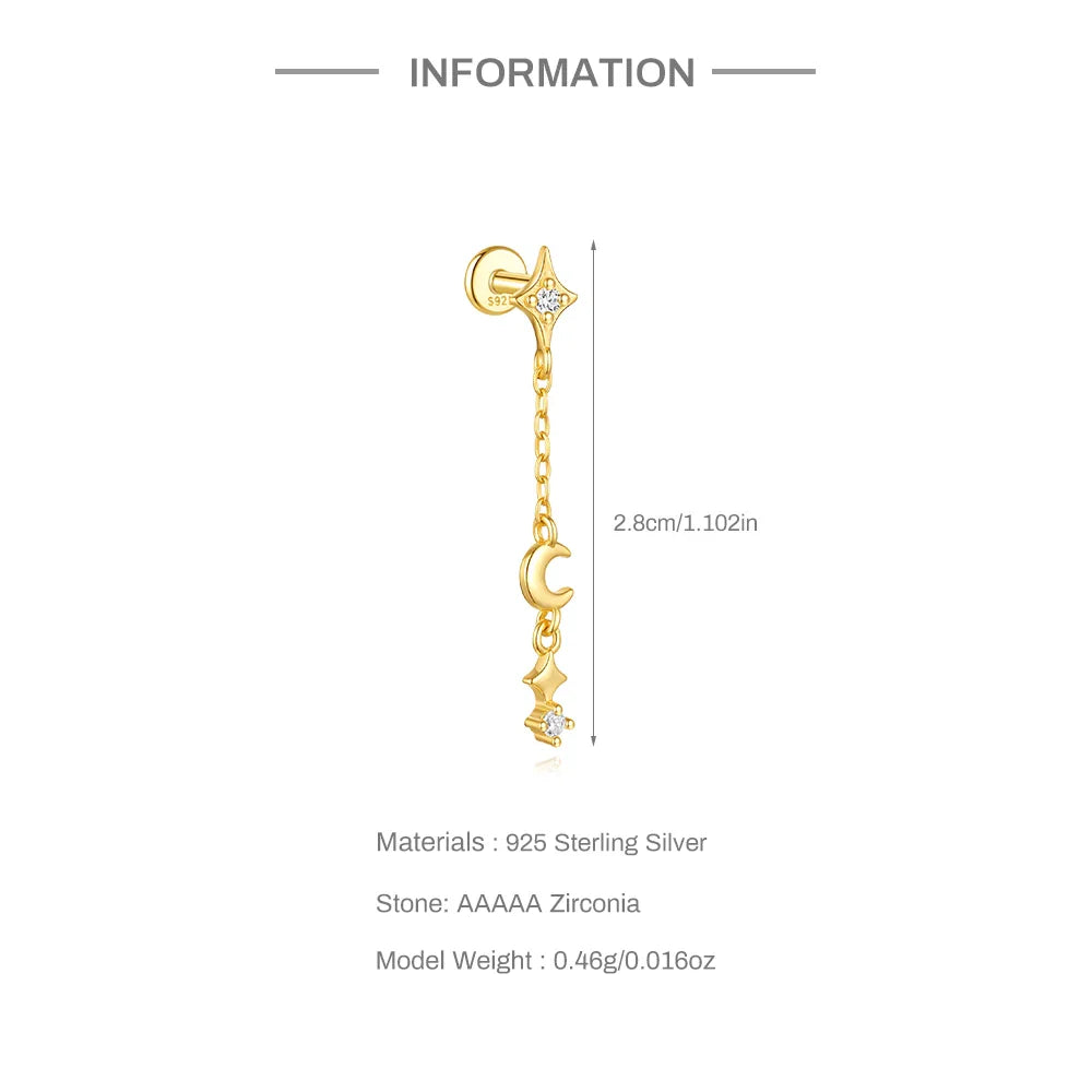 CANNER 1PC Four Pointed Star Moon Tassel Lotus Cartilage Spiral Puncture 925 Sterling Silver Stud Earring For Women Ins Earring Vera Lux