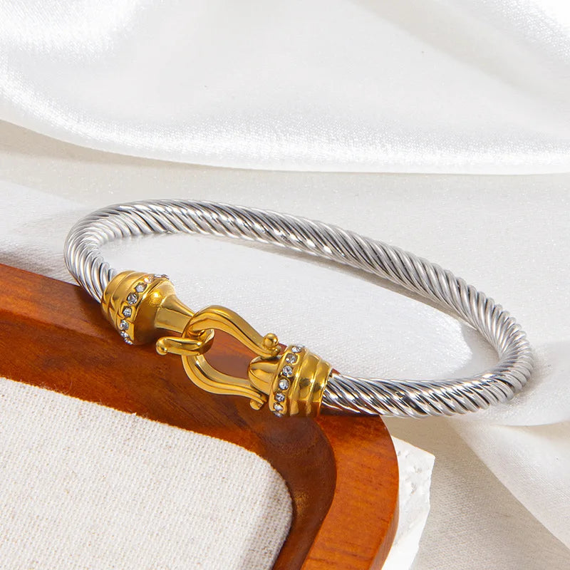 1pcs Stainless Steel Gold-plated Bangle Trendy Retro Hip-hop Style Bracelet Fried Dough Twists Steel Wire Rope Colorfast Bangle Vera Lux