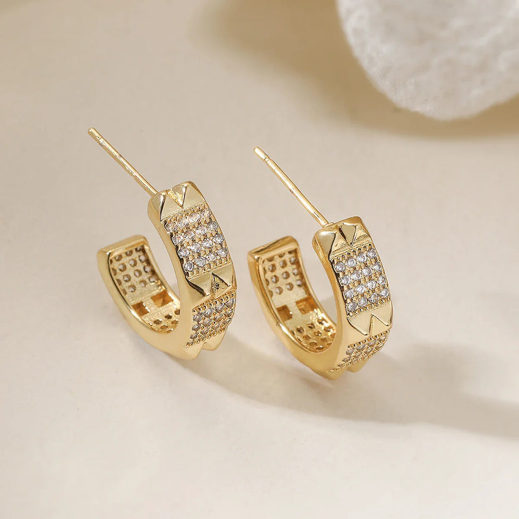 NEWBUY 2025 New Fashion Gold Color Unique Design C Shape Stud Earrings For Elegant Women Shiny AAA CZ Inlay Wedding Jewelry Vera Lux