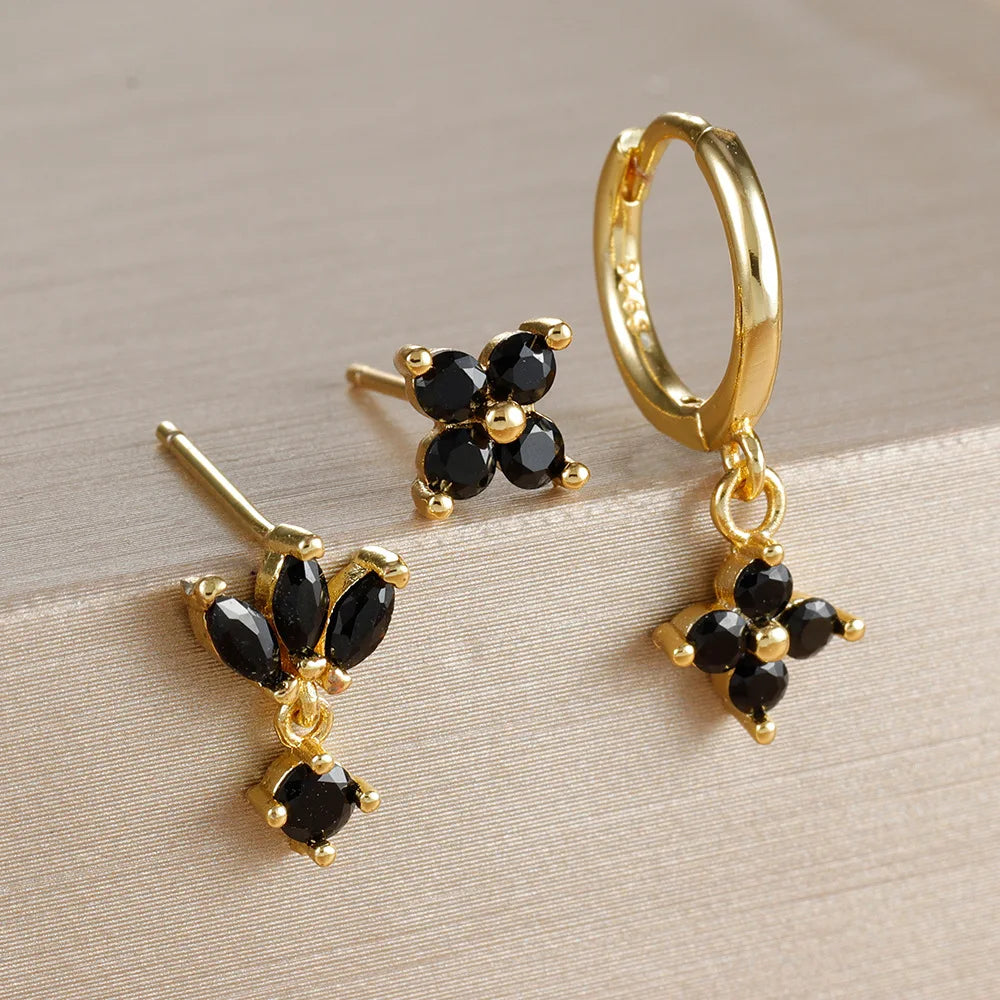 3PCS Fashion Orange Blue Zircon Hanging Earrings Set for Women Stainless Steel Flower Dangle Earring Piercing Jewelry Vera Lux