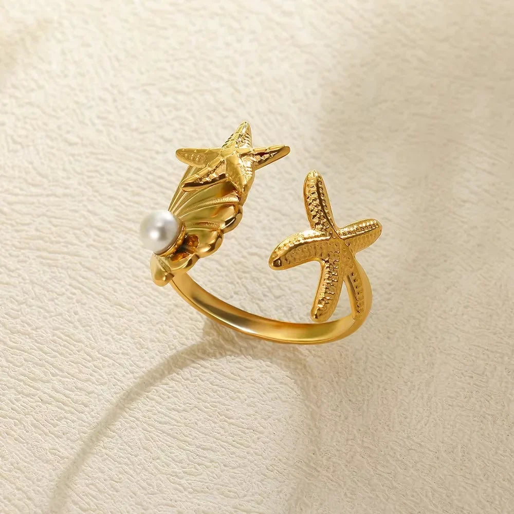 2025 Freshwater Anillos Stainless Steel Pearl Starfish Shell Rings For Women Punk Gold Color Vintage Waterproof Beach Jewelry Vera Lux