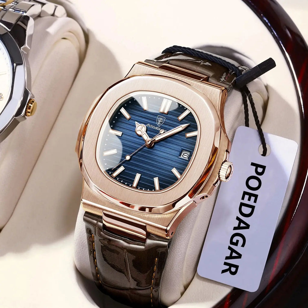 POEDAGAR Fashion Square Men's Watch Waterproof Luminous Date Business Man Wristwatch Casual Leather Quartz Watches For Men Reloj Vera Lux