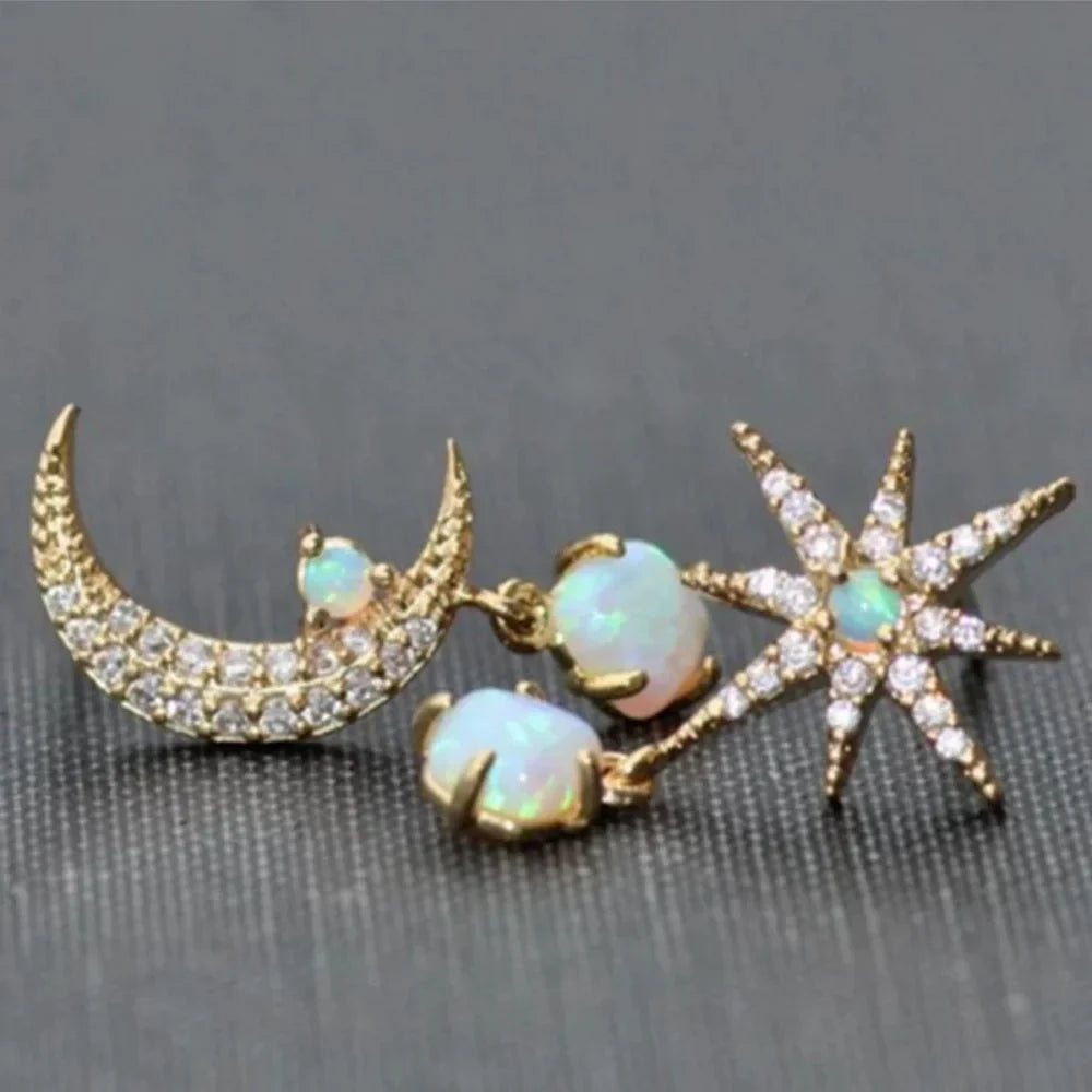Golden Asymmetrical Zircon Moon Star Earrings for Women Retro Personalized Fashionable Versatile Accessory Gift Vera Lux