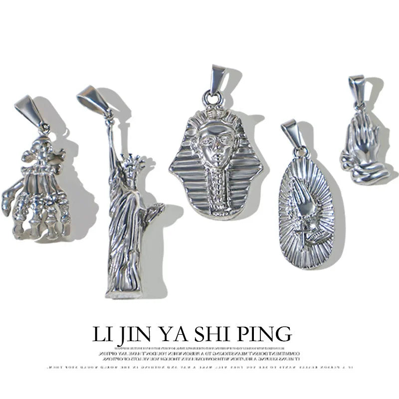 18K Gold Plated Stainless Steel Pendant Vintage Egyptian Pharaoh Portrait Lion Skull & Ghost Hand Charms Trendy Jewelry Vera Lux