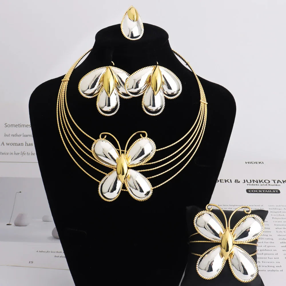 Dubai Luxury Jewellery 4PC Women's Fashion Trendy Flower Earrings Pendant Necklace Bracelet Set Gold-Plated Jewellry Party Gifts Vera Lux