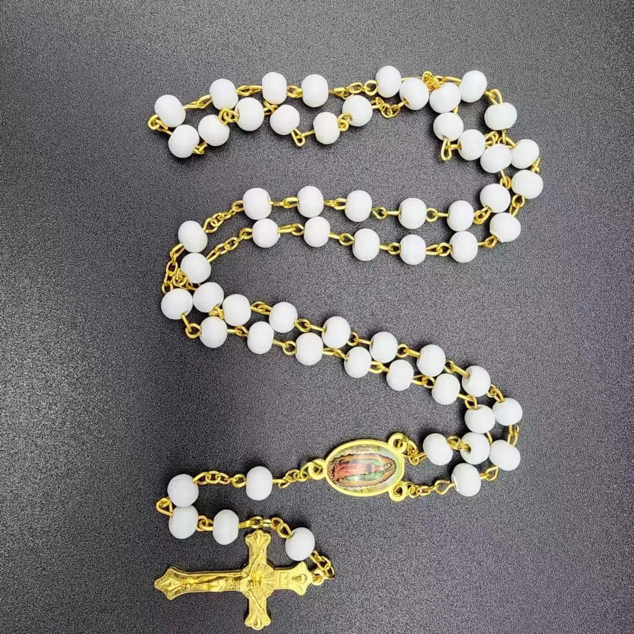 White Wooden Rosary Necklace For Women Crucifix Cross Pendant Long Chain Necklace Men  Religious Catholic Prayer Jewelry Vera Lux