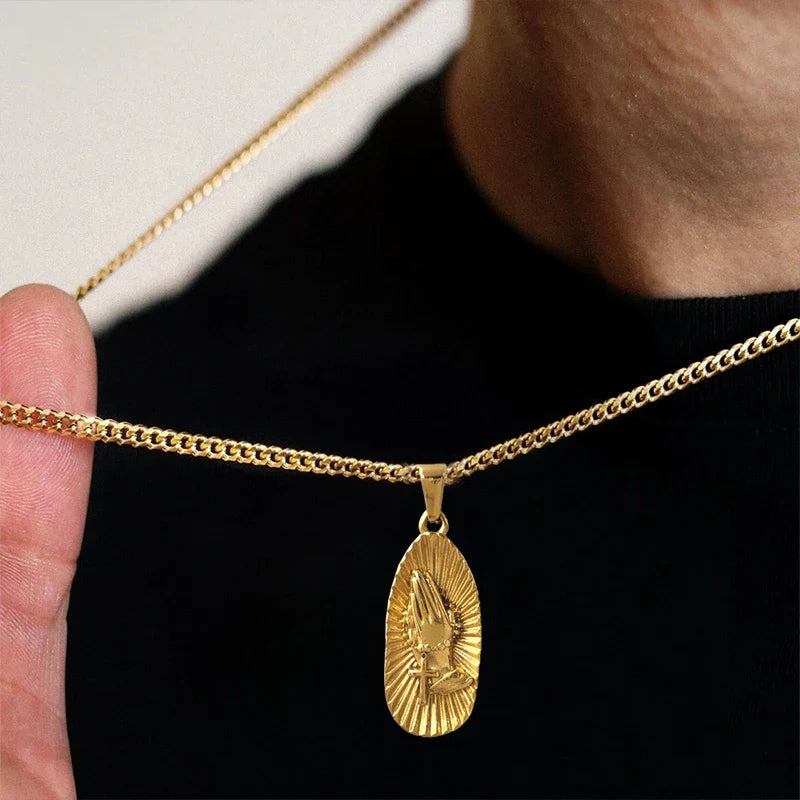 Hip Hop Praying Hands Necklace - Christian Buddhism Jewelry for Men Women | Gold Plated Stainless Steel Religious Gift Vera Lux