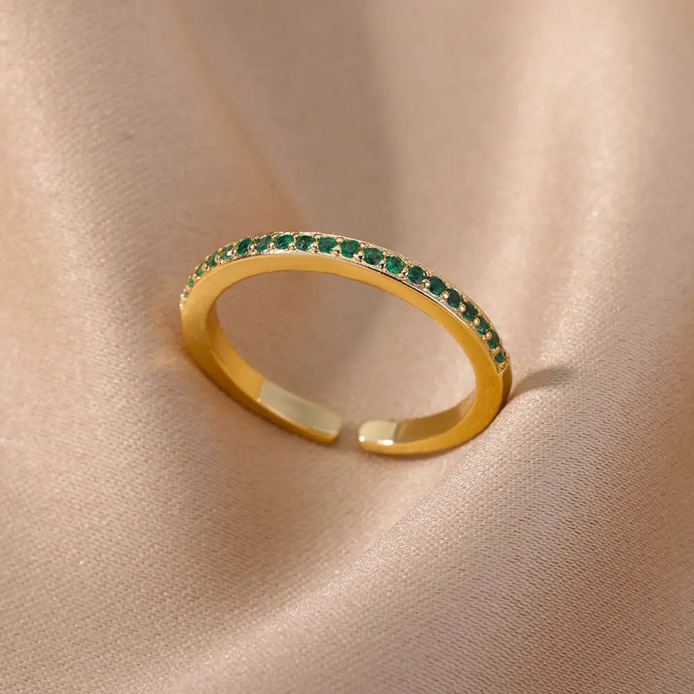 Mini Zircon Green Rings For Women Stainless Steel Gold Color Adjustable Finger Ring Engagement Wedding Christmas Jewelry Gift Vera Lux