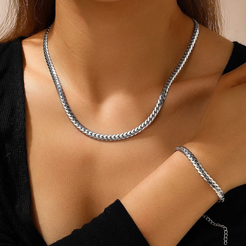 Aomogo Stainless Steel Simple Flat Cuban Chain Bracelet Necklace Jewelry Set 18k Gold Plated Fashion Thick Chain Fashion Jewelry Vera Lux