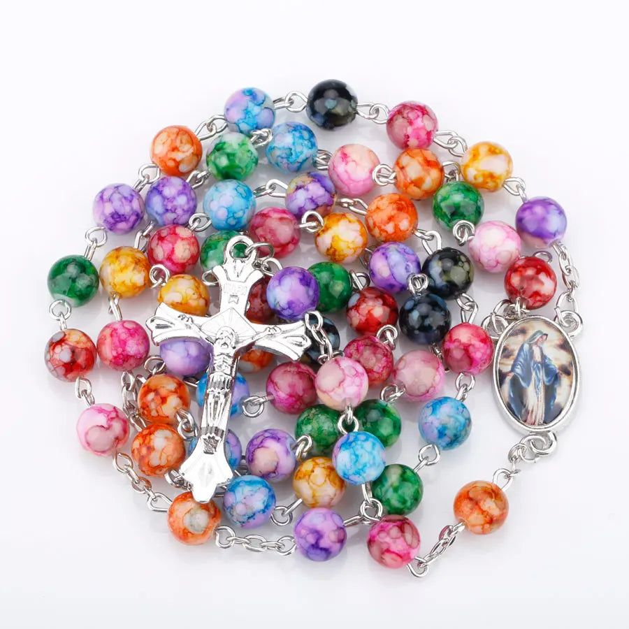 Religion Rosary Prayer Necklace For Women Virgin Mary INRI Cross Pendant Colorful Acrylic Beads Chain Christian Party Jewelry Vera Lux