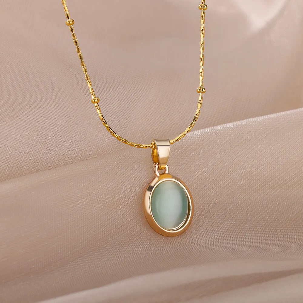 Fashion Stone Opal Oval Necklace For Women Stainless Steel Gold Color Oval Stone Pendant Necklace Wedding Aesthetic Jewelry Gift Vera Lux