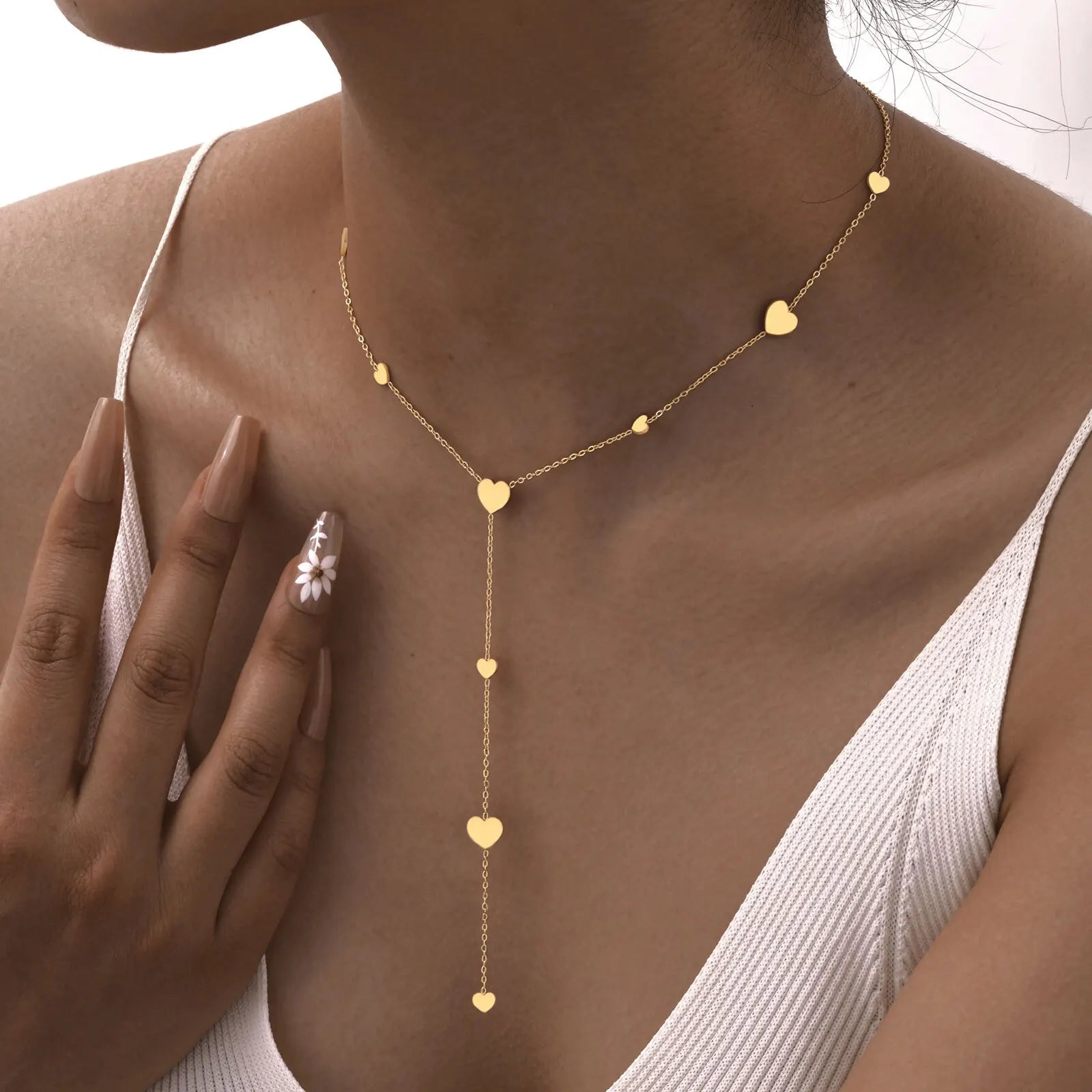 Heart Drop Lariat Chain Necklace For Women, Y Shape Long Chain Stainlss Steel 18K Gold Color  Layered Jewelry Vera Lux