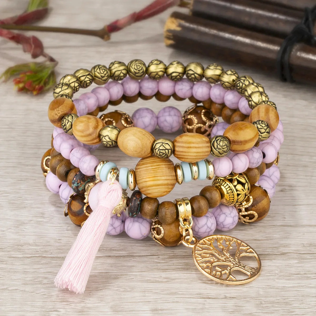 4Pcs Bohemia Tree Of Life Charm Beaded Bracelet Set For Women Handmade Wood Beads Chain Bangle Female Boho Jewelry Vera Lux