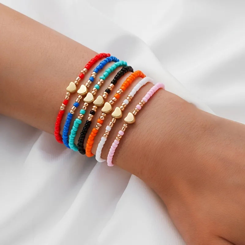 7Pcs Colorful Rice Beads Bracelet Set For Women Fashion Heart Charm Elastic Beaded Chain Bangle Female Trendy Jewelry Gift Vera Lux