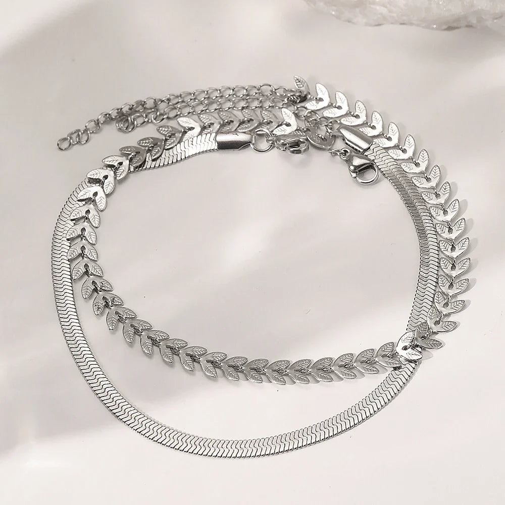 Stainless Steel Anklet Creative Splicing Wrap Around Leaf Design Blade Chain Anklet For Women Jewelry Goddess Banquet Fine Gifts Vera Lux