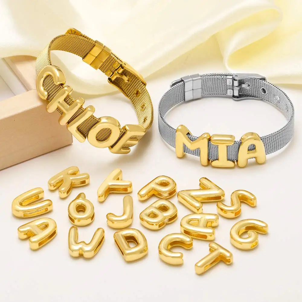FLOLA DIY 26 Letters Custom Name Bracelets for Women Gold Silver Color Wide Band Initial Bracelets Handmade Jewelry brtd91 Vera Lux