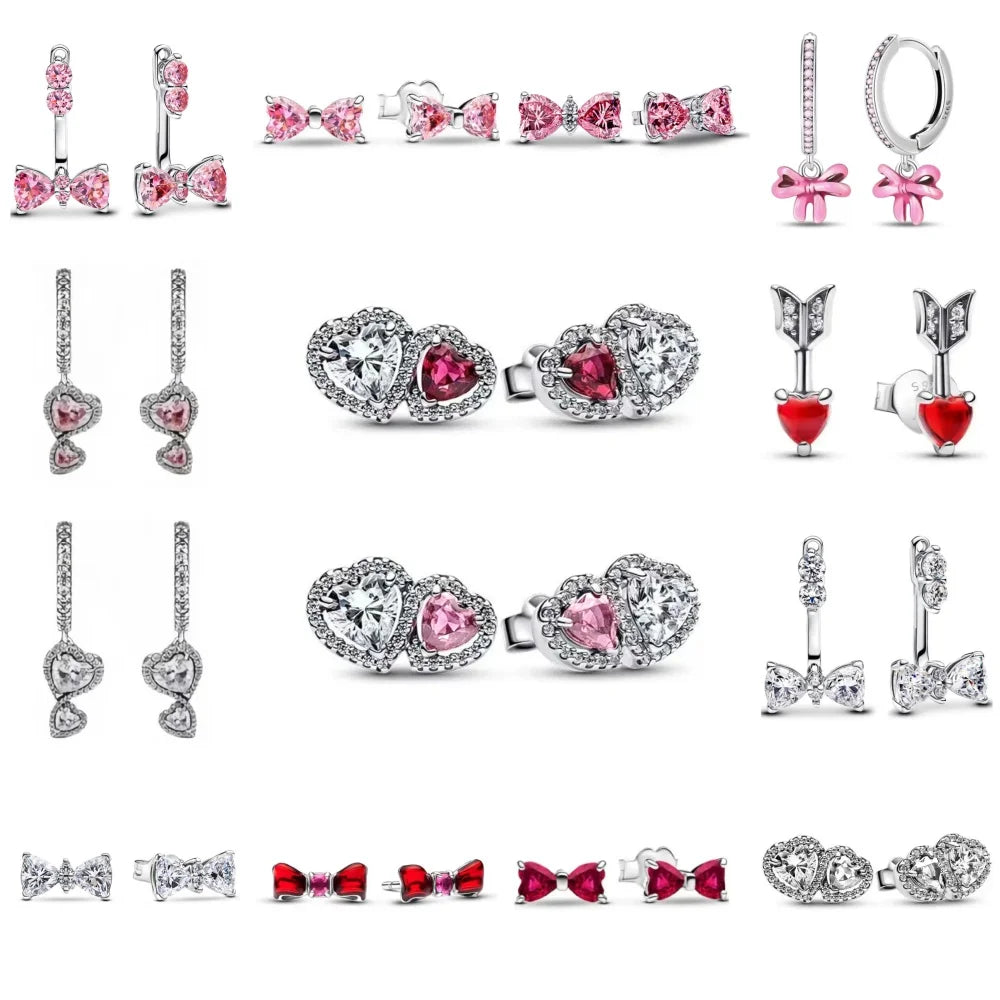 European New 925 Silver White Pink Stone Red Bow Stud Earrings, Fit Women's Festival Exquisite Charm Jewelry Gifts Vera Lux