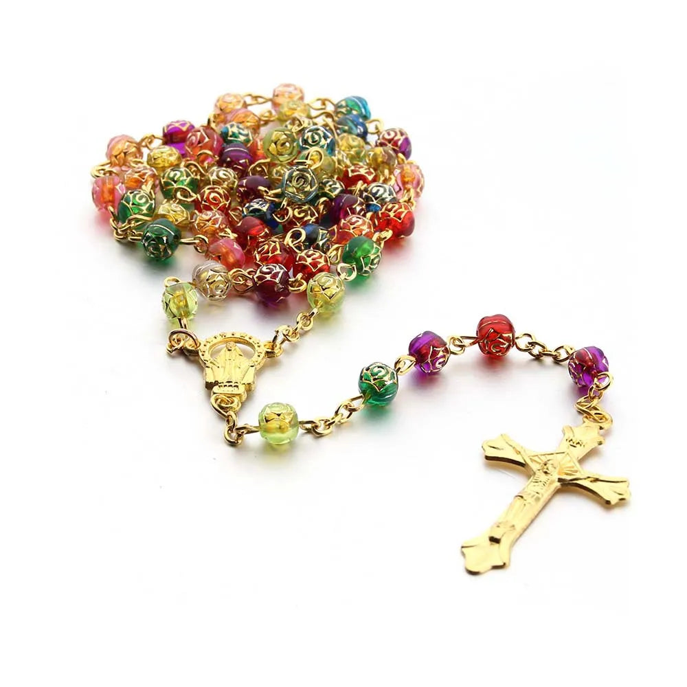 Catholic Rosary Bead Necklace For Women Gold Color Long Chain Crucifix Cross Pendant Female Religious Prayer Jewelry Vera Lux
