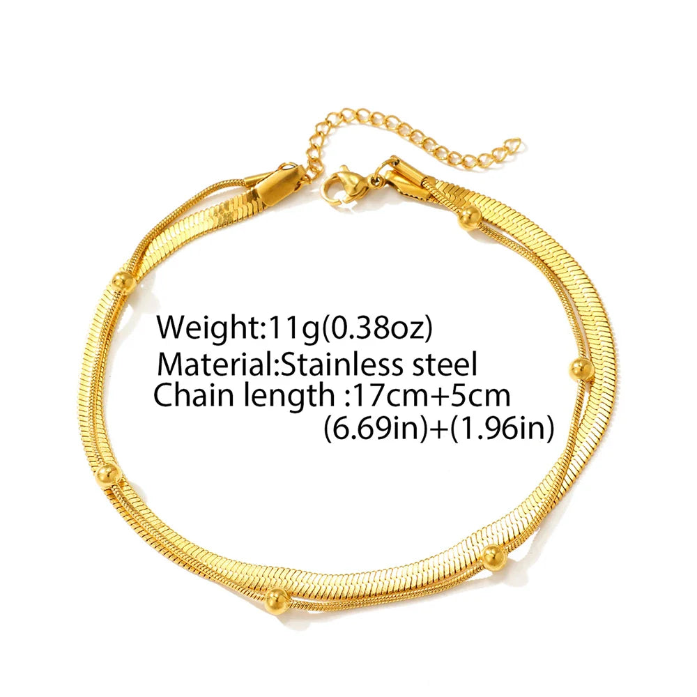 Stainless steel anklet bead strings snake bone chain double layered stacking anklet beach vacation ladies seaside party matching Vera Lux