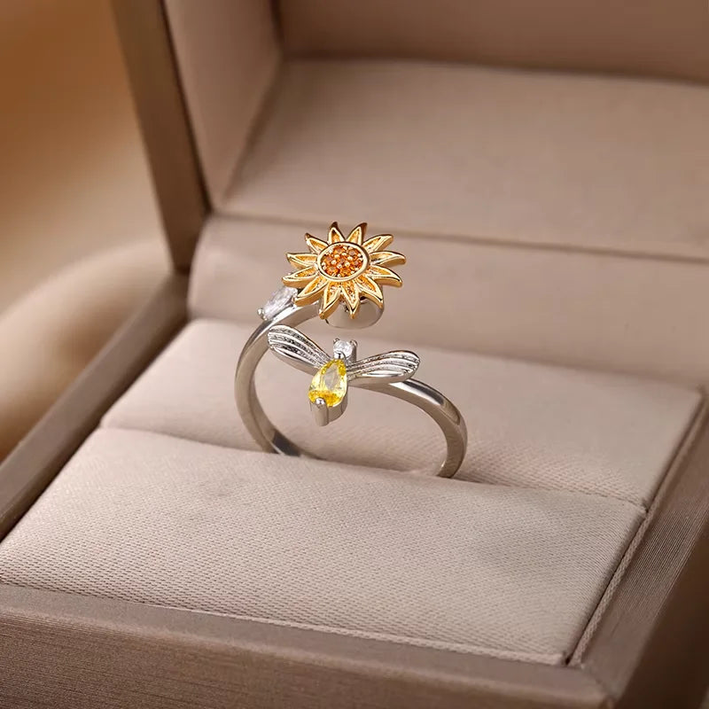 Anti Stress Anxiety Fidget Rings for Women Stainless Steel Sunflower Sun Star Spinner Ring Christmas Jewelry Gifts Dropshipping Vera Lux